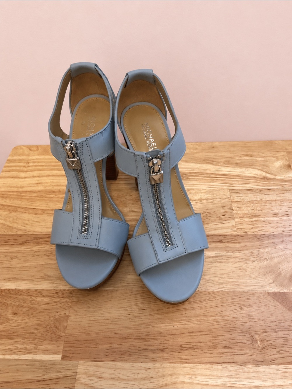 MICHAEL Michael Kors Light Blue Leather T-Zip Block Heel Sandals